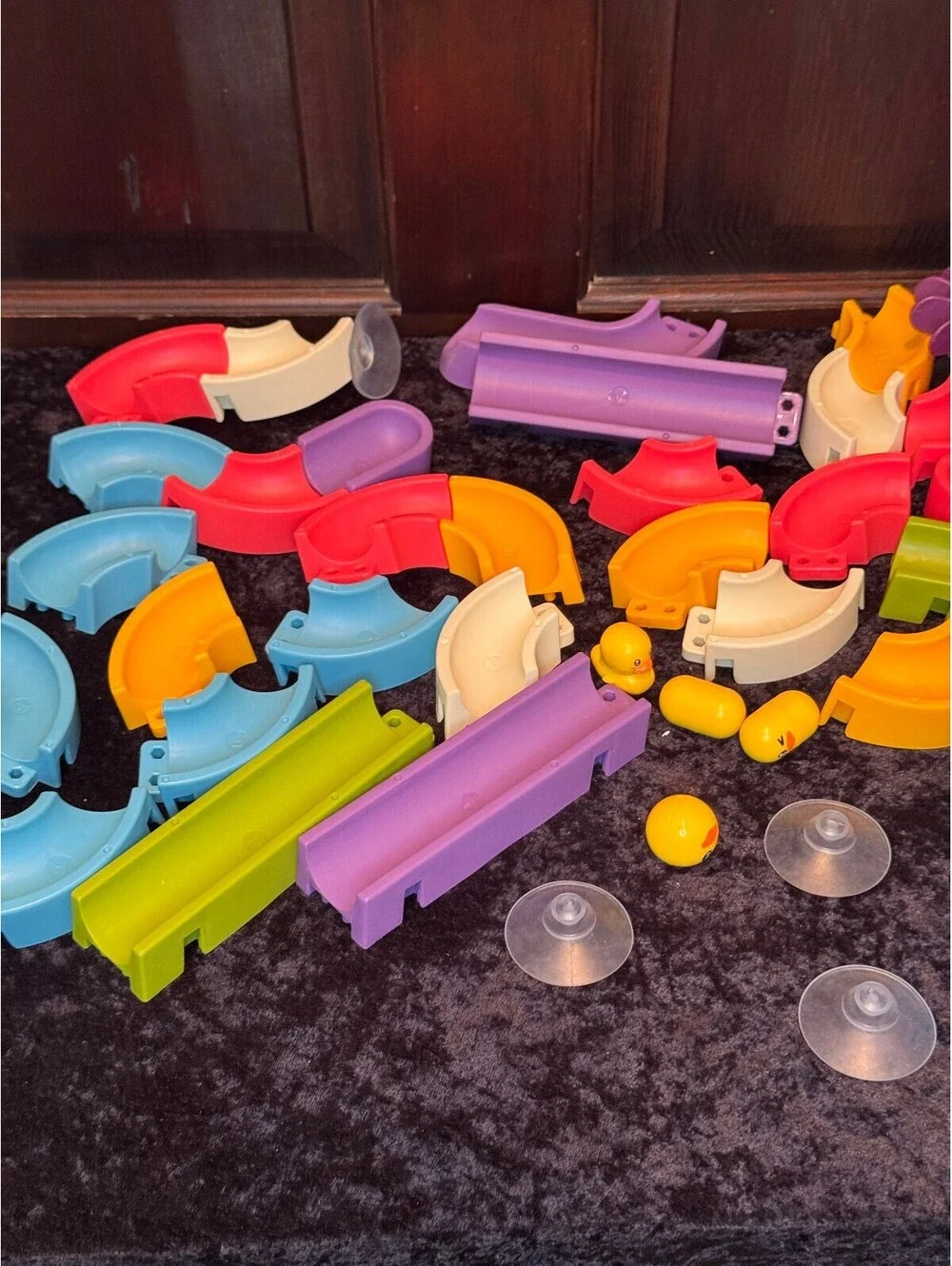 Colorful Modular Plastic Bath Track Pieces with Suction Cups and Duck Figures